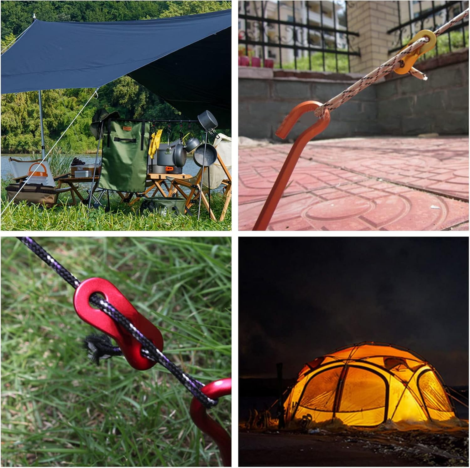 10pcs Aluminum Alloy Tent Tensioners Rope Adjuster with 10pcs Iron Camping Tent Pegs and 20m Nylon Reflective Tent Rope Camping Cord for Tent Hiking Camping Colorful