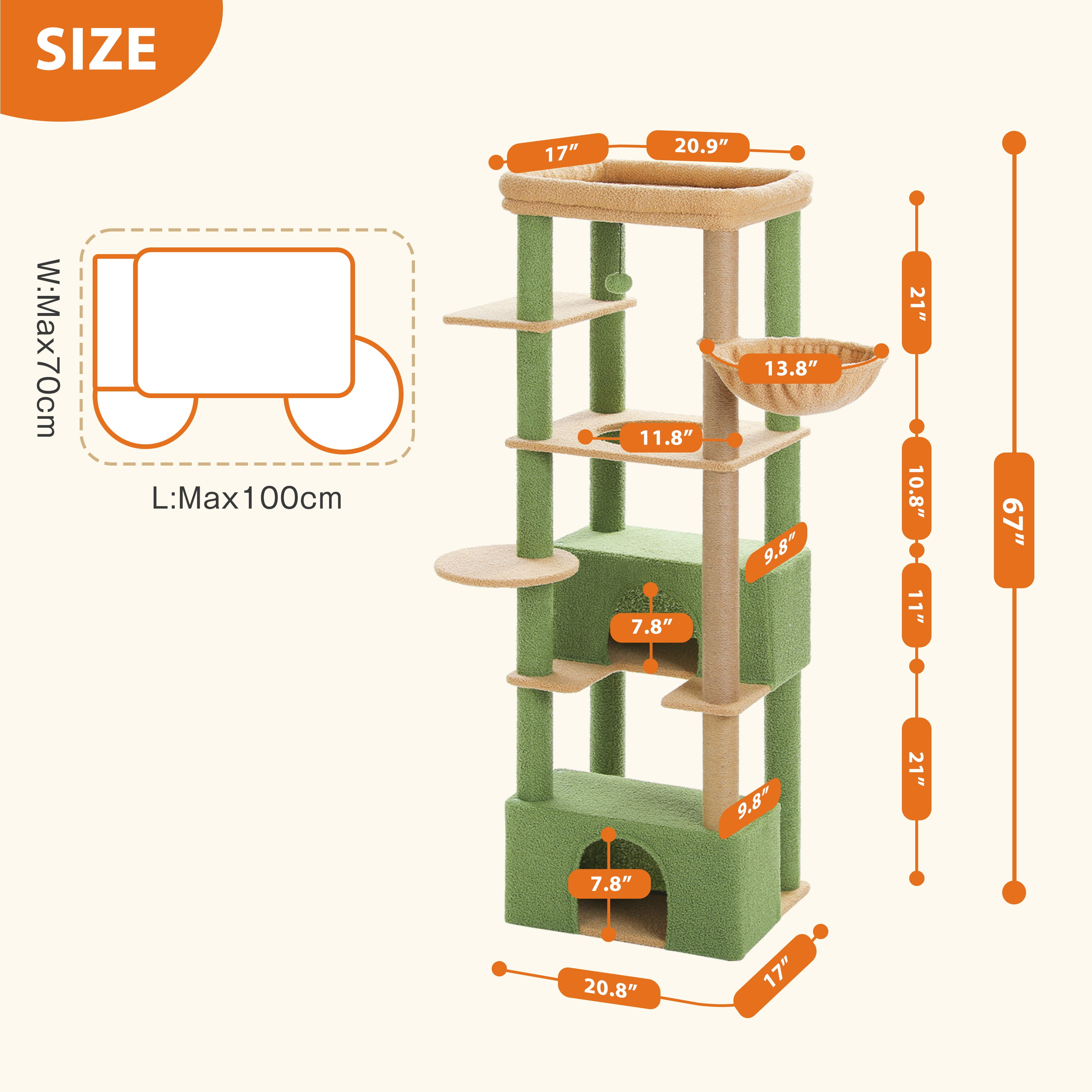 Pefilos 68" Tall Cat Tree Tower for Indoor Big Cats with Extra-Big Top Perch [21'' x 17''], 2 Large Condos, Scratching Post and Cozy Hammock, Green