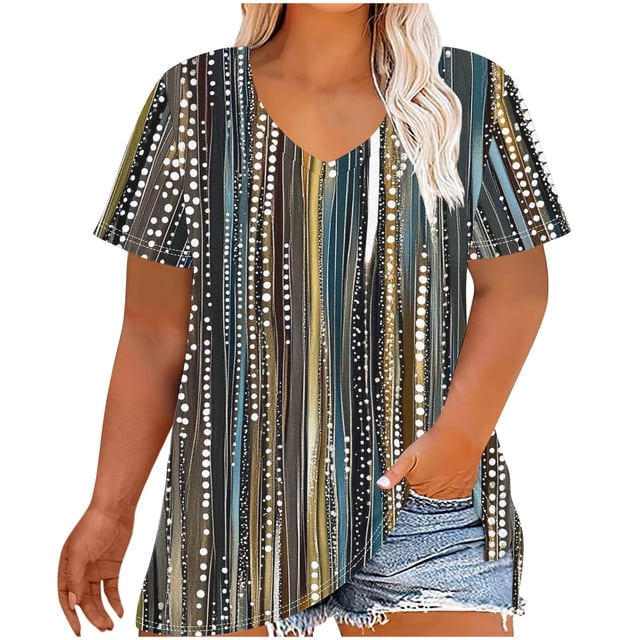 Camiseta de Base de Impresión de Manga Corta con Cuello en V para las Mujeres, Más Tamaño Estante de Imitación Casual Superior