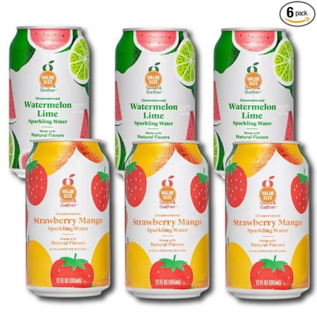 Good and Gather Unsweetened Sparkling Water Variety Pack, Strawberry Mango and Watermelon Lime, Natural Flavors, Zero Calories, 12 fl oz, 6 Cans