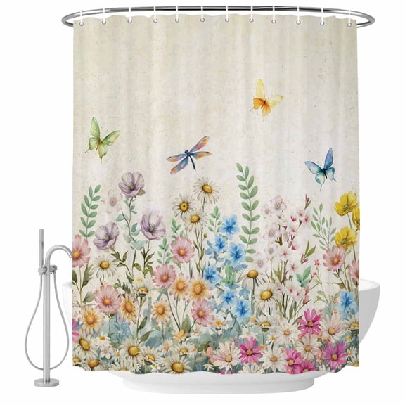 Colorful Floral Shower Curtain - Water Repellent Fabric Shower Curtains Washable, Farmhouse Vintage Dragonfly Butterfly Flower Decorative Polyester Cloth Bathroom Curtains Modern Bath Decor 66"x72"