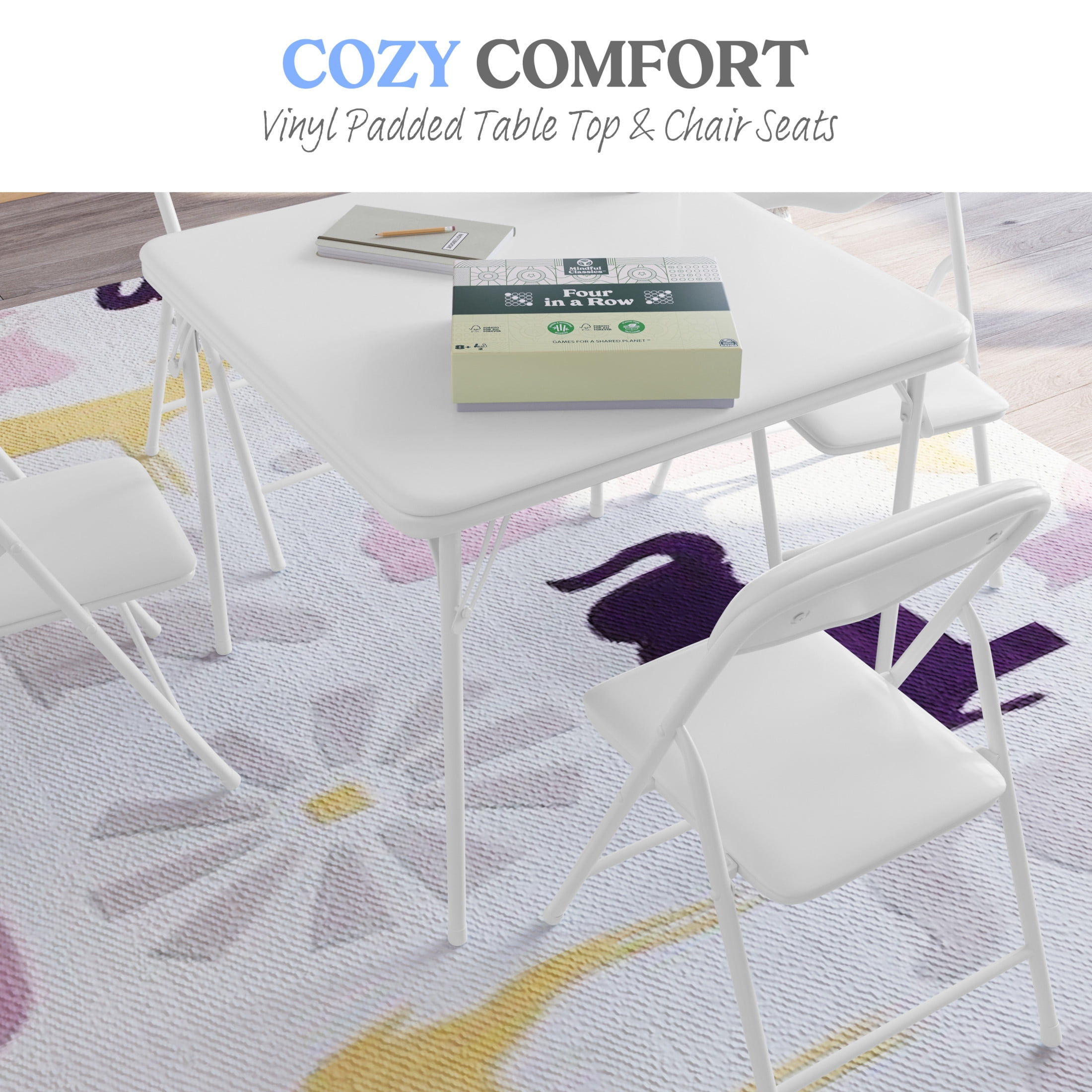 Emma + Oliver 5 Piece Kids Folding Table and Chair Set with White Vinyl Tabletop, Backrest and Seat