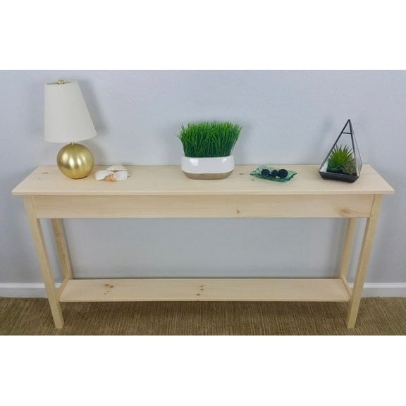 Unfinished Pine Shaker Console Sofa Wall Table With Shelf- 60" long x 11.25" deep x 30" tall