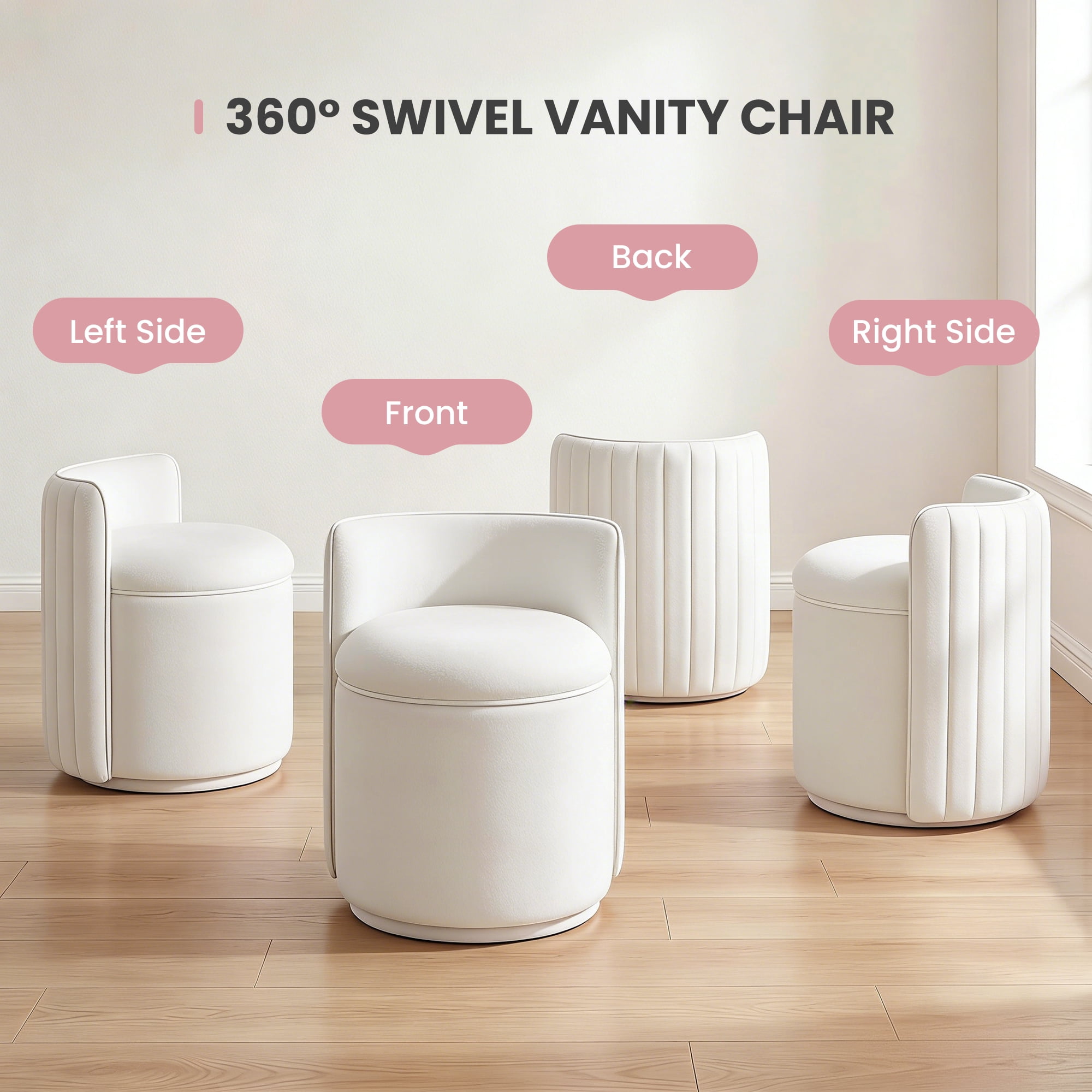 ATHOPE Vanity Chair with Storage, Velvet 360° Swivel Chair with Back, Modern Round Upholstered Bedroom Chair, Comfy Makeup Chair for Dressing, Living Room, No Assembly Required, Beige