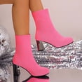 thumbnail image 2 of Hot Pink Ladies Mid Calf Boots In Rose Made Of Knit Fabric With Square Toe And Comfortable Chunky Heel, 2 of 9