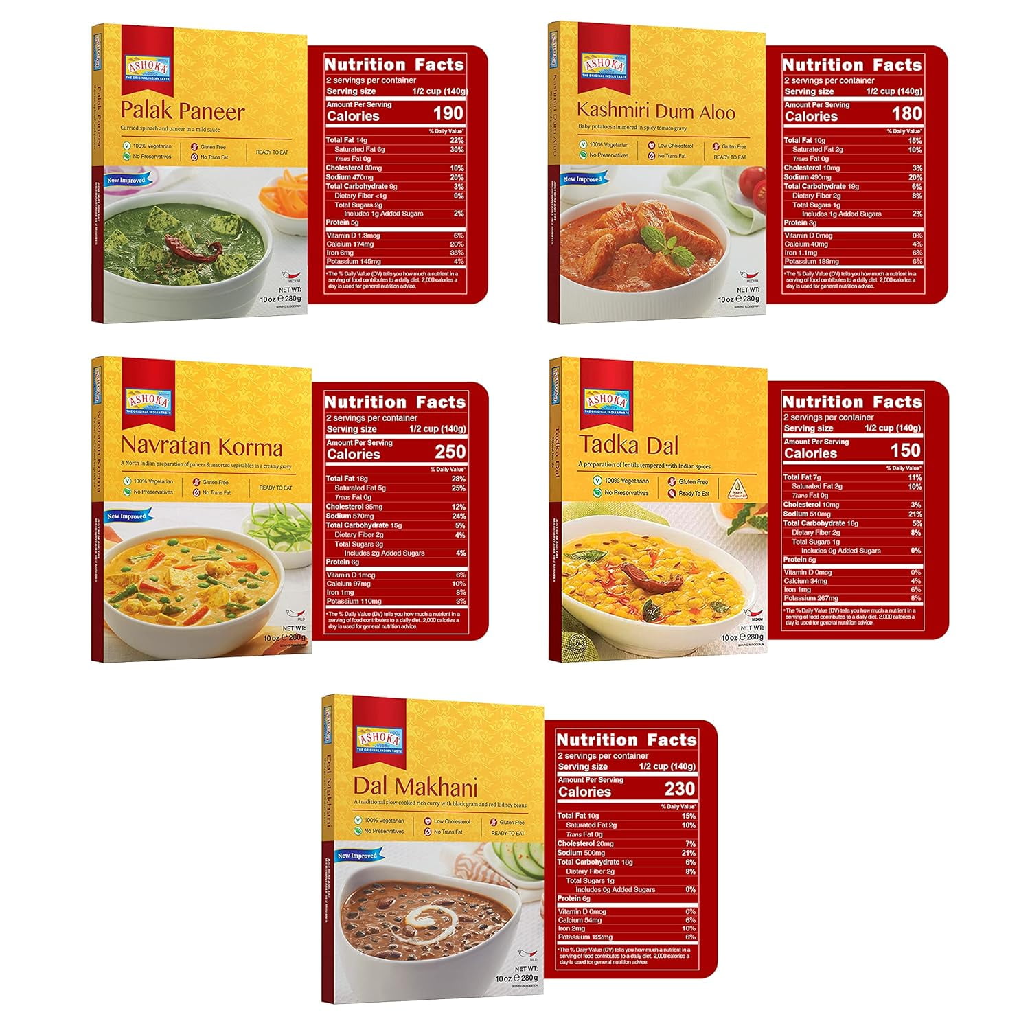 Ashoka Microwaveable Entrees 1932, Vegetarian Sampler Kit, Heat & Serve Meal Pack, Kosher Certified Variety Pack, Authentic Indian Cuisine, Instant Meals, Gluten-Free with No Preservatives, Pack of 6