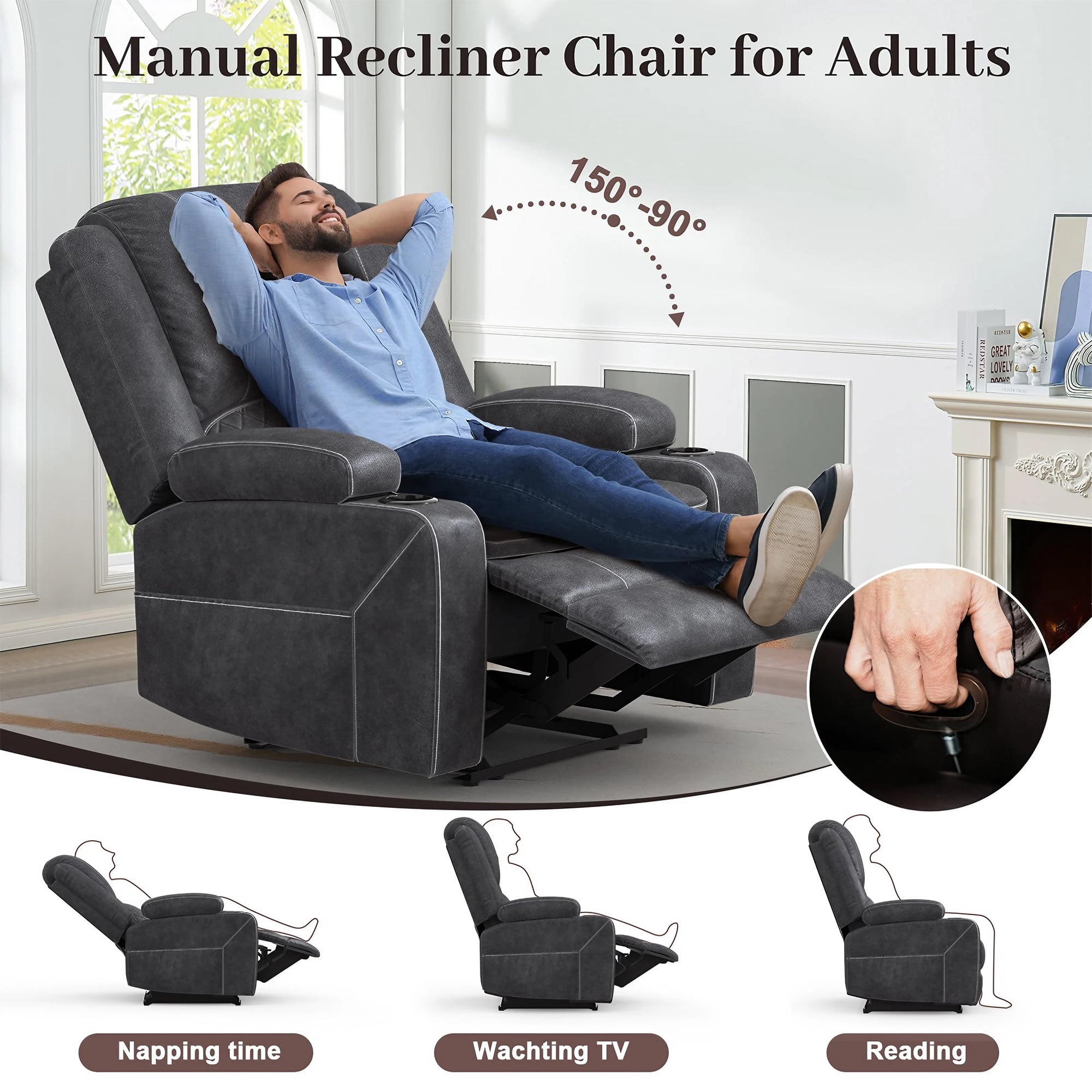 LOBERFVE Recliner for Adults, Oversize Manual Reclining Chairs with 2-Tier Cushions, Faux Leather Recliner Chairs with Hidden Storage Space, Living Room Recliner Chairs with Cup Holders, Gray