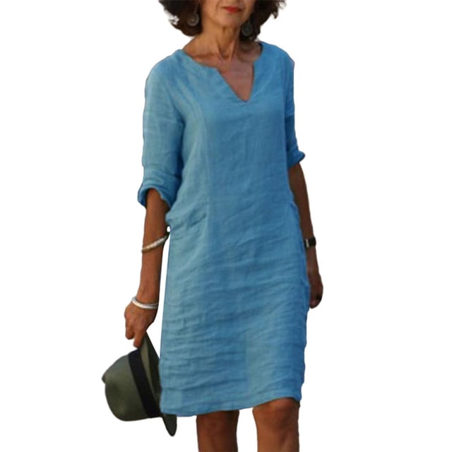 LUXUR Robe Tunique Midi pour Femme, Col en V, Coupe Droite, Robe d'Été, Couleur Unie, Robes T-Shirt Rétro, Manches 3/4, Bleu Pâle, TTG