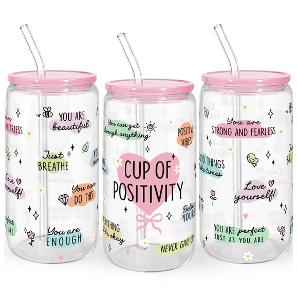 Vaso SANDJEST de cristal de 470 ml con tapa y pajita