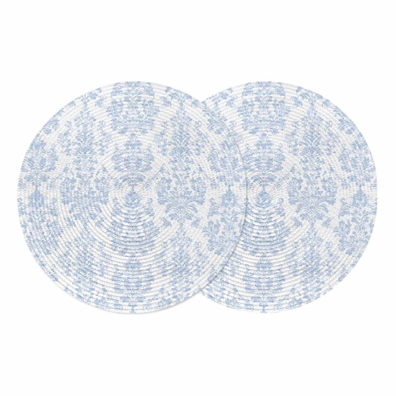 Blue Boho Floral Round 13 Inch Placemats Set of 2, Farmhouse Middle Century Flowers HeatResistant Non Slip Place Mats for Dining Table, Wipeable Braided Kitchen Table Mats for Housewarming