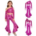 thumbnail image 5 of SiiRoh Girls Jazz Tango Disco Dance Outfit Oblique Shoulder Tassel Sequin Crop Top and Metallic Flare Pants Set Hot Pink 8, 5 of 6