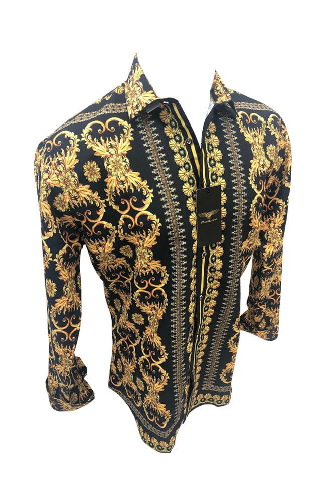 Mens PREMIERE Long Sleeve Button Down Dress Shirt BLACK GOLD LEAF ABSTRACT 503