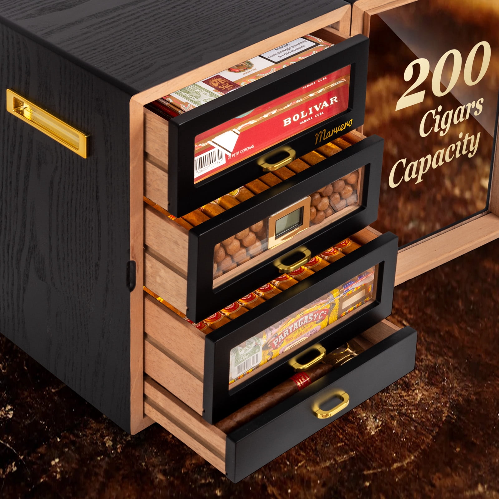 Marvero Cigar Humidor Cabinet, 200 Count, Black Finish, Glass Door, LED Light, Digital Hygrometer, Cedar Drawers