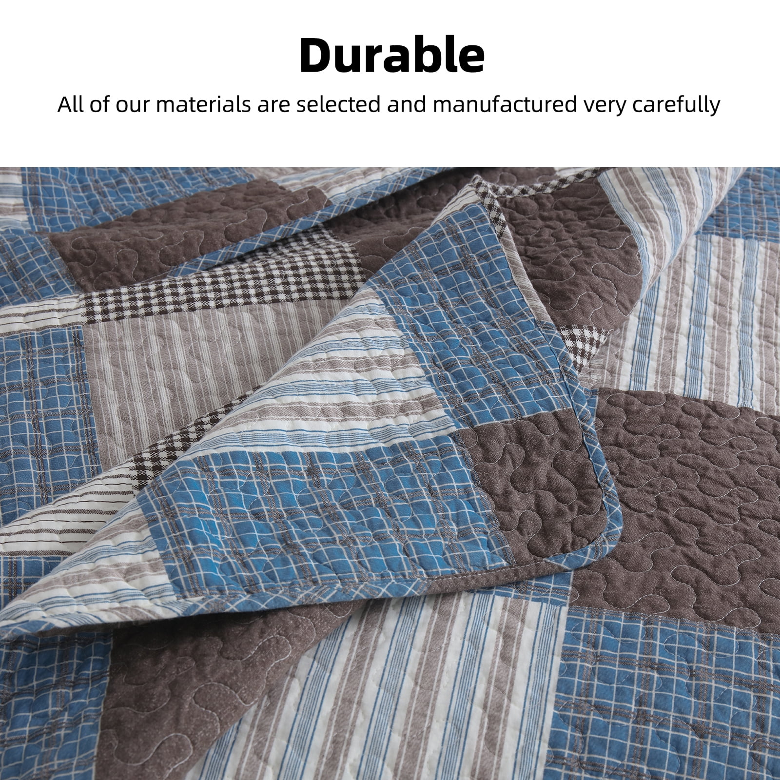 PANGUSHAN 100% Cotton King Quilt Set, Farmhouse Patchwork King Size Quilt Bedding Set Bedspreads, Reversible Quilted Lightweight Comforter, Blue/Brown Bed Spread for King Bed, 3 Pieces
