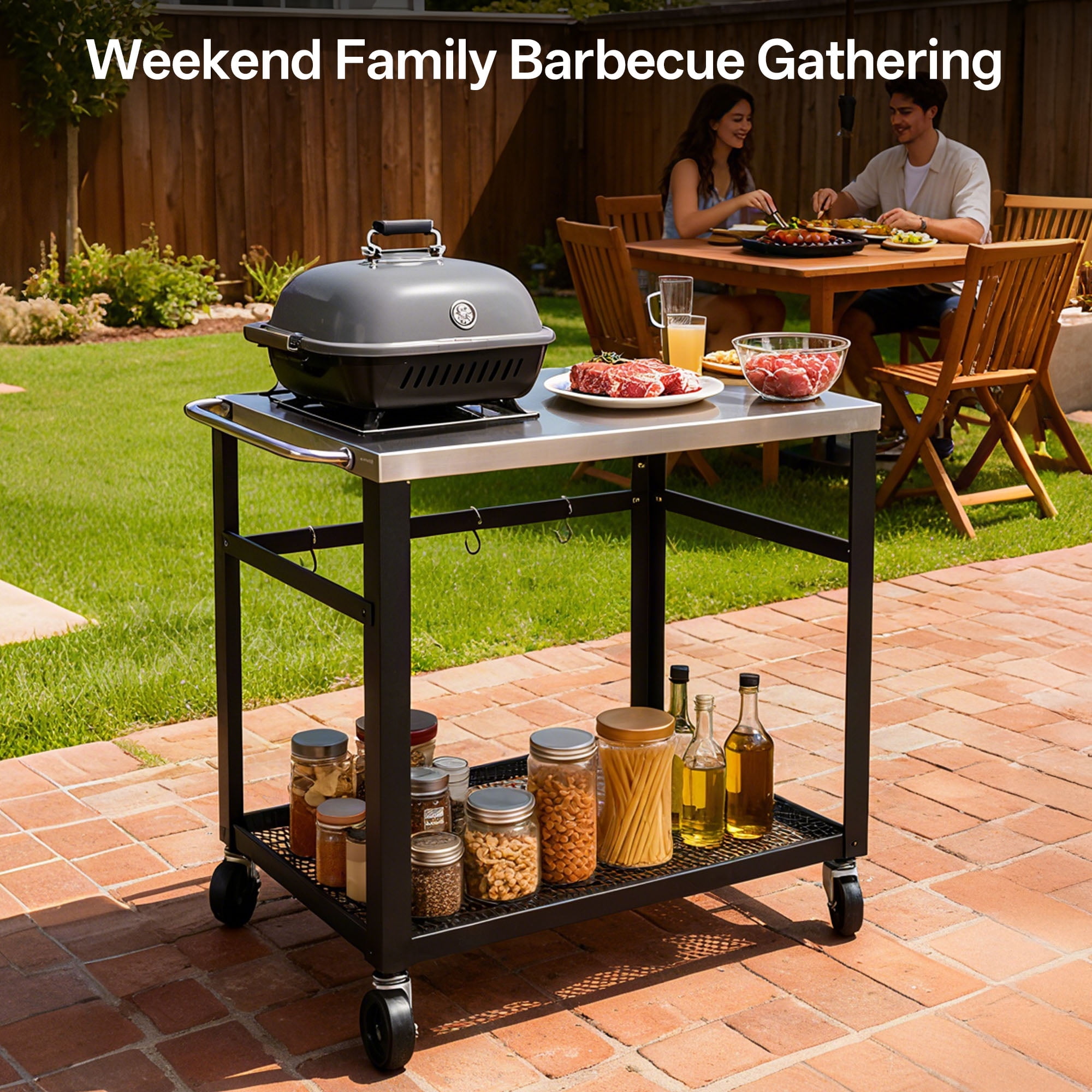 2-Tier Outdoor Grill Cart with Stainless Steel Top Locking Wheels Tool Hooks Movable BBQ Prep Table, Black