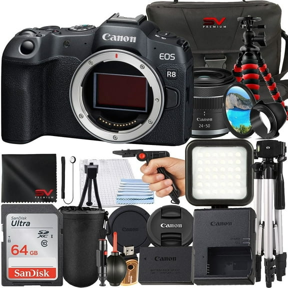 Canon EOS R8 Mirrorless Camera with RF-S 18-45mm Lens   SanDisk 64GB Memory Card   Case   Tripod   SV Premium Accessory Bundle (International Version)