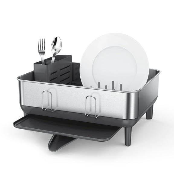 Simplehuman Compact Kitchen Dish Drying Rack, Fingerprint-Proof Stainless Steel Frame, Grey Plastic