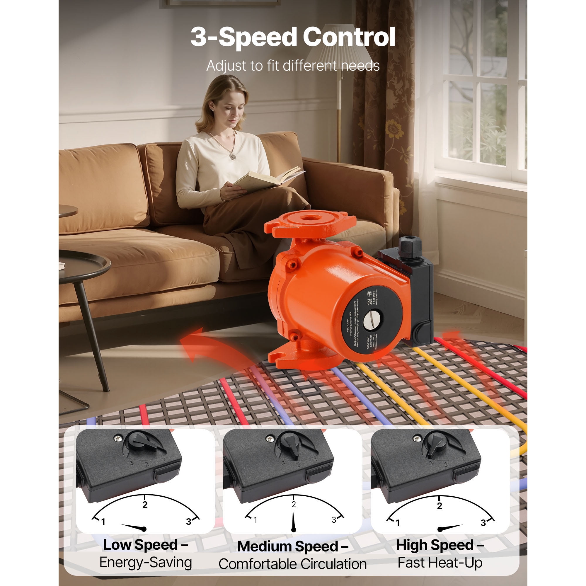KFFKFF Cast Iron Circulator Pump, 17 GPM, AC 120V, 35 ft Hot Water Recirculation Pump, 3/4-Inch Flange Connection, 3-Speed Settings, Low-Noise Design, Suitable for Home Heating Systems