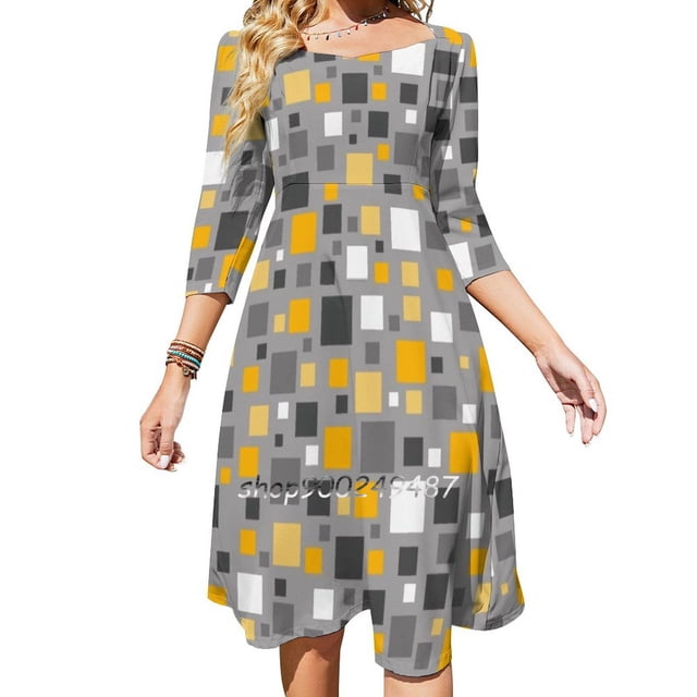 Vestido de verano elegante con cuello cuadrado y lunares en color amarillo mostaza y gris con estampado de lunares y cuadros de píxeles para mujer