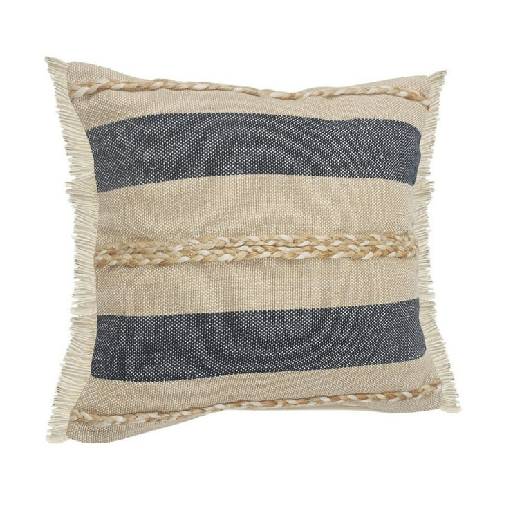 Fringed Blue And Beige Square Accent Pillow Cover Fringed Blue And Beige Square Accent Pillow Cover