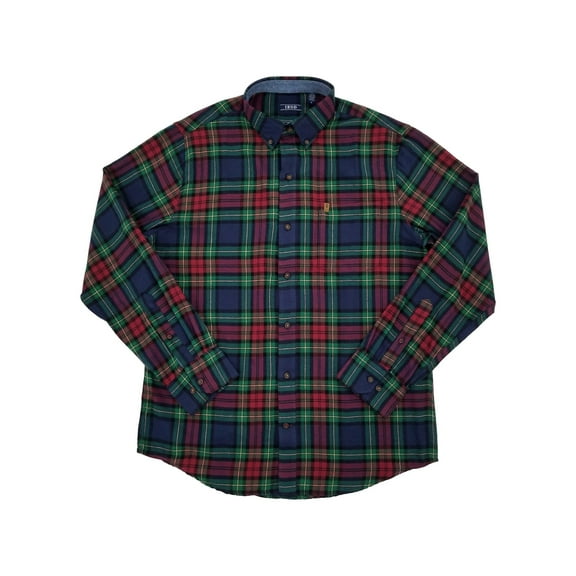 IZOD Mens Red Green & Blue Plaid Long Sleeve Button-Down Flannel Shirt Large