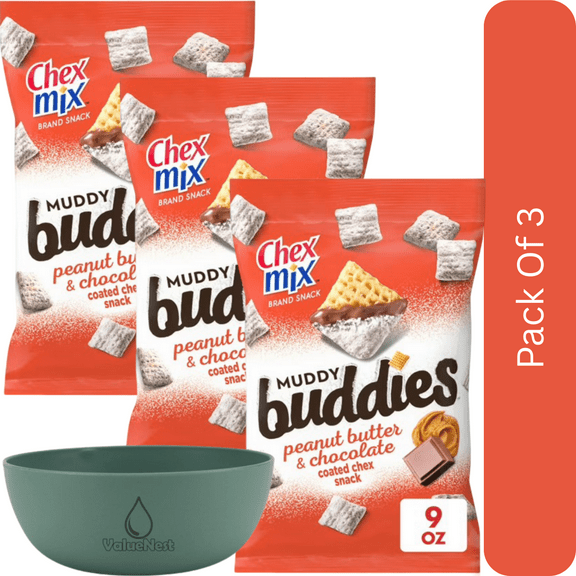 Chex Mix Muddy Buddies Peanut Butter & Chocolate Snack Mix, 9 oz-3pk, With Olive Green Bowl By ValueNest