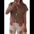 thumbnail image 1 of Suéter de Corta para Mujer, Cuello Redondo, Cárdigan de Punto de Crochet Calado, Camisas Casuales de Verano con Botones. Marrón S, 1 of 7