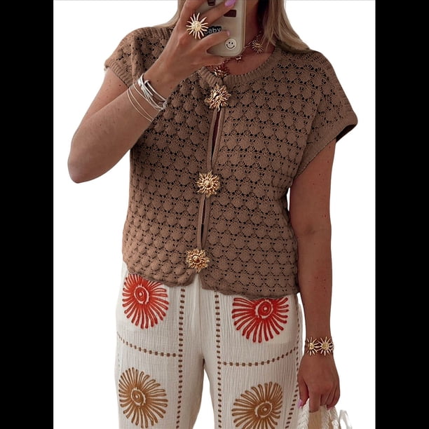 Suéter de Corta para Mujer, Cuello Redondo, Cárdigan de Punto de Crochet Calado, Camisas Casuales de Verano con Botones. Marrón S