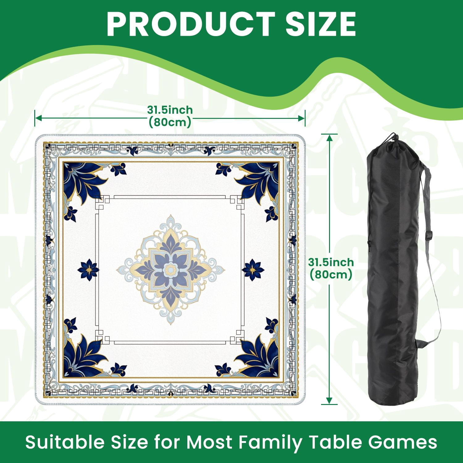 Mahjong Mat 31.5" x 31.5" Elegant Blue Gold Mandala Ornate Floral Details Non-Slip Noise Reduction American Mahjong Tiles Table Cover for Dominoes Poker Card Board Games Gift