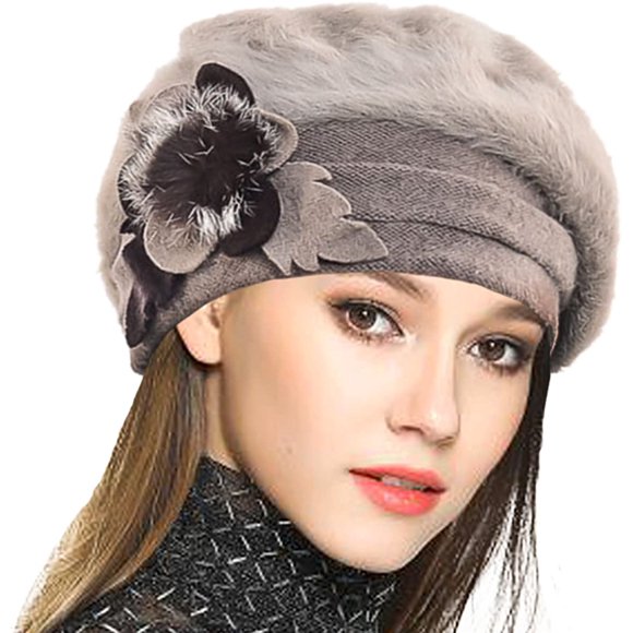 VECRY Lady French Beret 100% Wool Beret Floral Dress Beanie Winter Hat