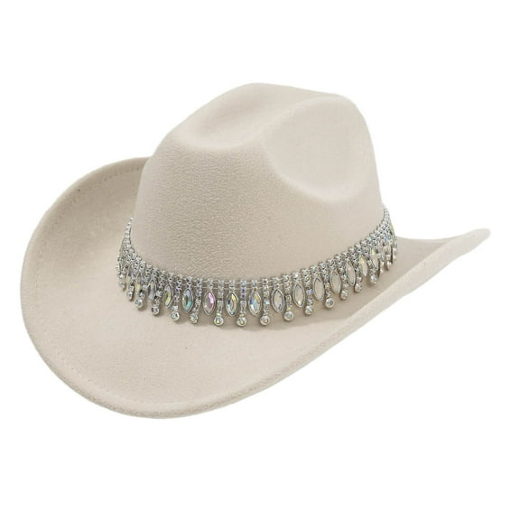UJNDER Stylish Cowboy Hat for Men Women Western Elegant Jazz Hat with Fringe and Rhinestone Embellishments for Casual Outings and Party Beige