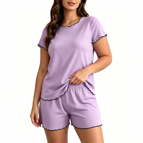 StSilkitty Pajama Sets 2 Piece for Women Plus Size Crewneck Tops and Shorts Sleepwear Set Ladies Lightweight Casual Loungewear