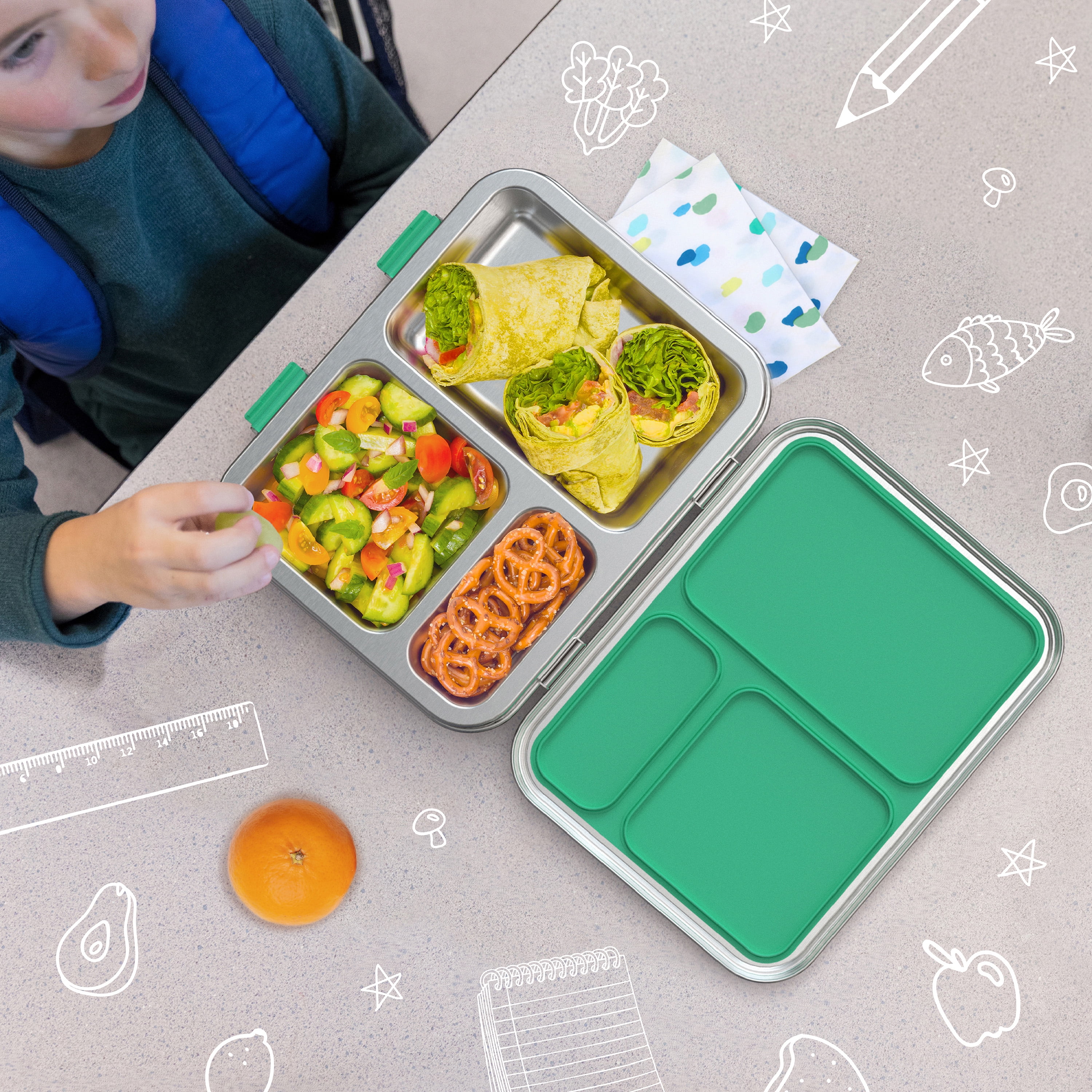 Bentgo® Kids Chill Lunch Box - Leak-Proof Bento Box with  Removable Ice Pack & 4 Compartments for On-the-Go Meals - Microwave &  Dishwasher Safe, Patented Design, 2-Year Warranty (Green/Navy): Home 
