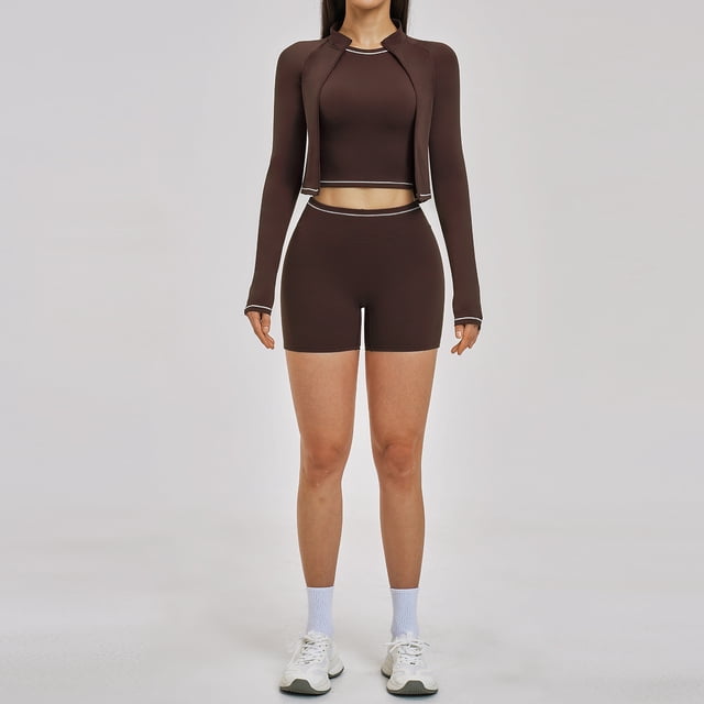 PISONIC Womens Workout Sets Color Block Long Sleeve Jacket with Tank Top and High Waisted Shorts Gym Athletic Sets