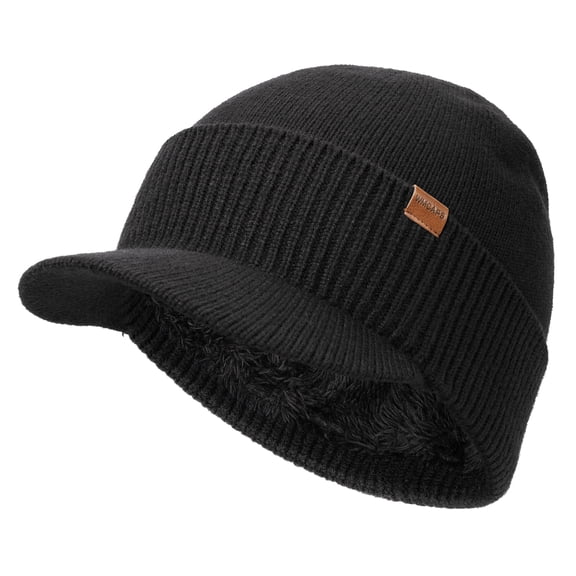 WMCAPS Mens Winter Beanie with Brim - Fleece Lined Thermal Knit Visor Hat for Cold Weather (Black)