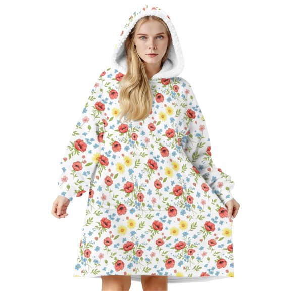Wearable Lamb Fleece Blanket Hoodie,Pioneer Flower Floral Print Pattern Oversized Sherpa Blanket Hoodie with Super Pockets,Super Warm Fuzzy Pullover for Women & Men