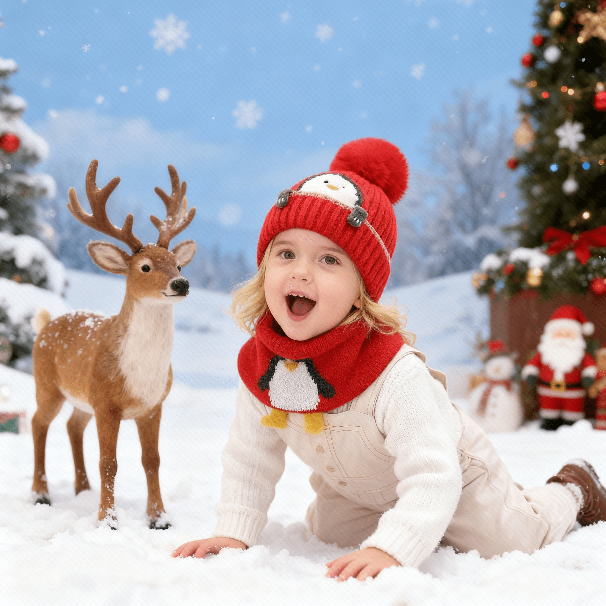 Baby Kids Winter Warm Hats, Infant Toddler Children Pom Pom Beanie Knit Cap Girls Boys-2 piece