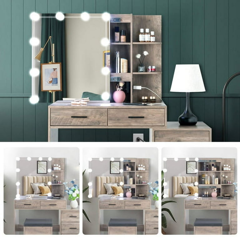 Particleboard Triamine Veneer Dressing Table Set Grey with 5 Drawers, 2  Shelves, Mirror Cabinet and Three Dimming Light Bulbs