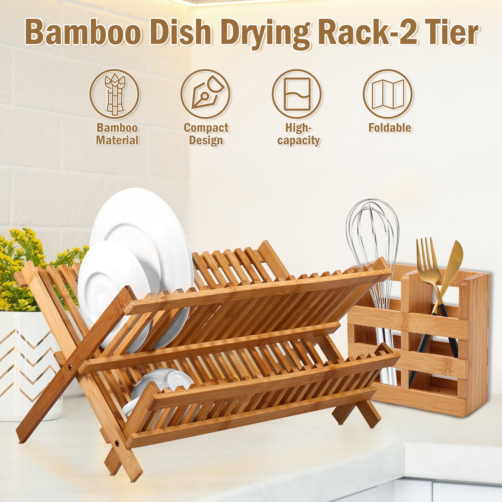 Jetcloudlive Bamboo Dish Drying Rack with Utensil Holder,Collapsible Wooden Dish Drainer Rack,2-Tier Large Folding Drying Holder for Kitchen Counter