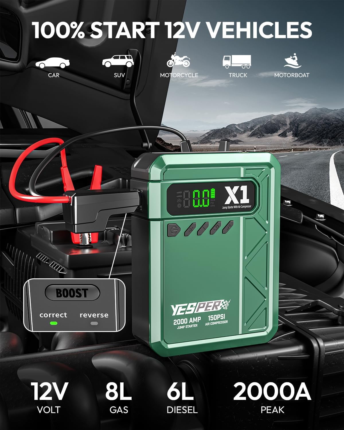 YESPER Jump Starter with Air Compressor, 2000A Portable Car Battery Booster (8L Gas/6L Diesel) with 150PSI Cordless Digital Tire Inflator, 12V Lithium Jump Box with Jumper Cables