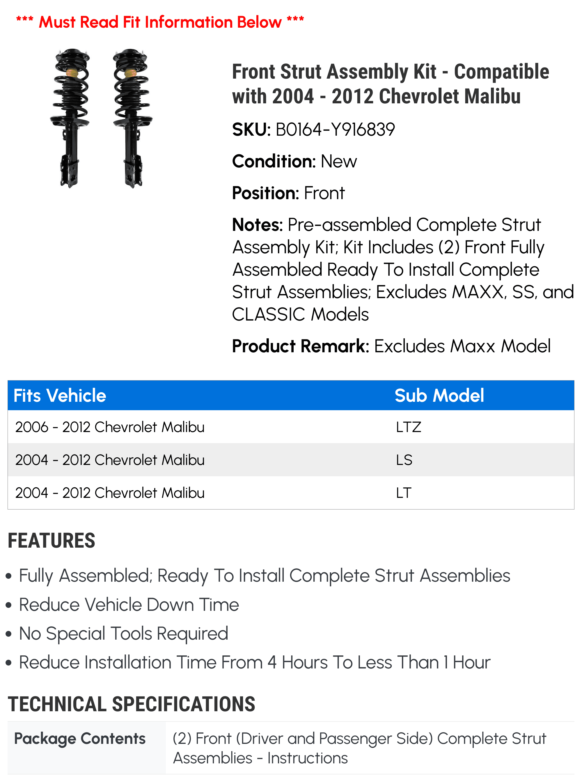 Front Strut Assembly Kit - Compatible with 2004 - 2012 Chevy Malibu 2005 2006 2007 2008 2009 2010 2011