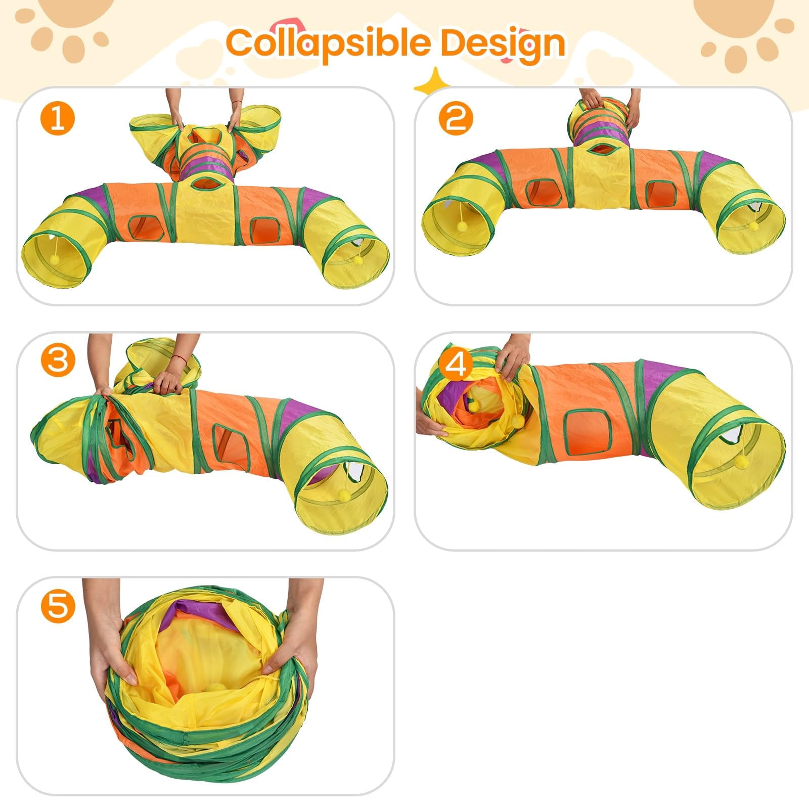 Petizer H-4-Way Collapsible Cat Tunnel, Tear-Resistant Interactive Pet Tube Toy with Dangling Ball for Indoor Cats, Kittens & Small Pets