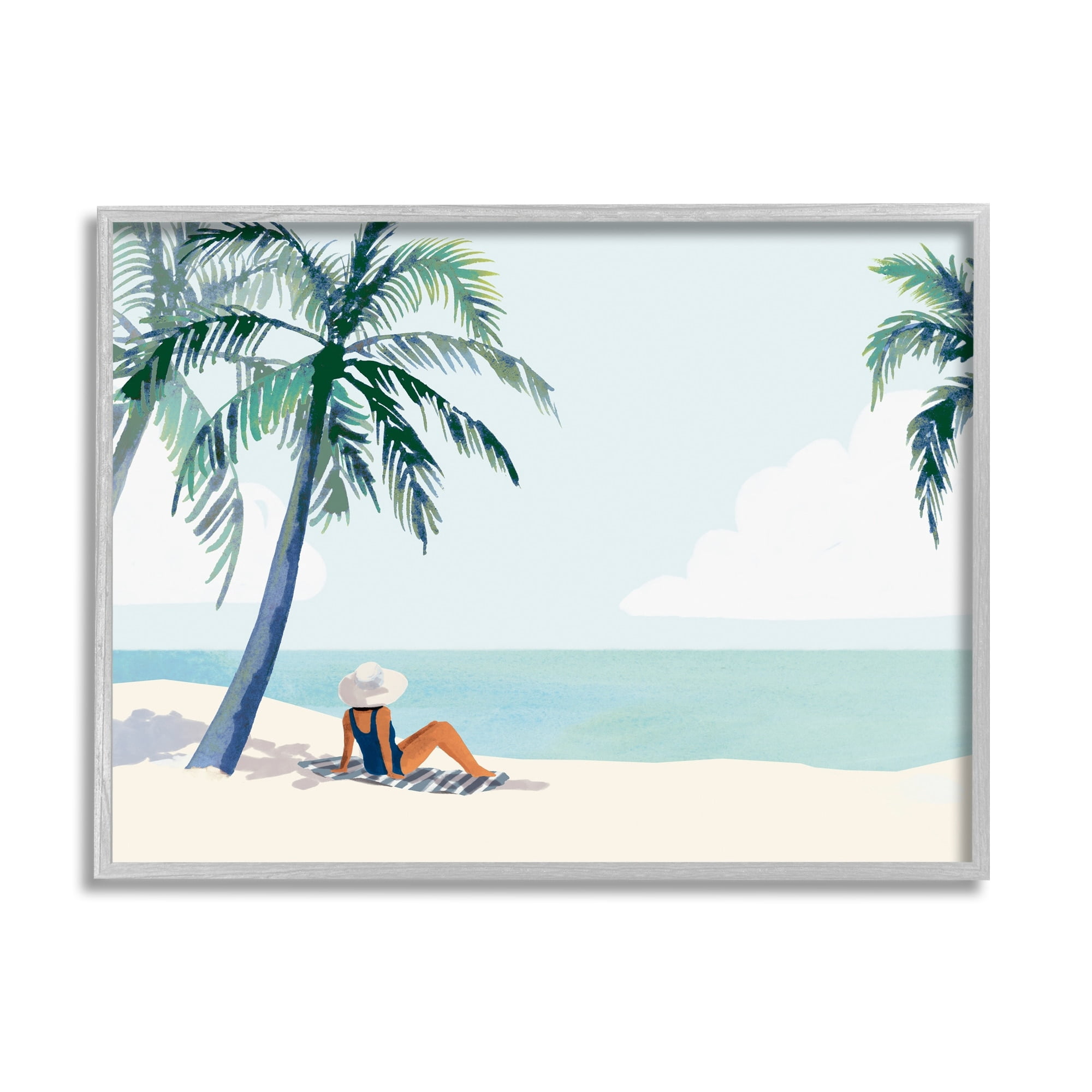 Stupell Industries Girl On Tropical Summer Beach Coastal Painting Gray Framed Art Print Wall Art