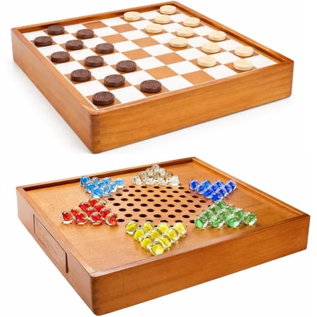 2 in 1 Chinese Checkers and Checkers 12” Golden Wooden Board with Storage Drawer & 60 Colorful Glass Marbles, Classic, Competitive, Strategy Games, Deluxe Checkers and Chinese Checkers Board Game Set