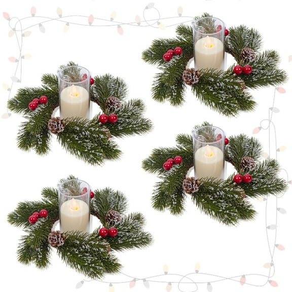 Dalrosia 4PCS Christmas Candle Rings - Frosted Pine Garland with Red Berries and Pinecones, Mini Artificial Wreaths Snowy Pine Garland Candle Ring Holder for Table Centerpieces Wedding Decoration