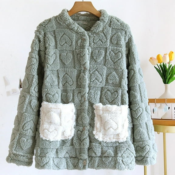 Women's Flannel Jacket Fuzzy Fleece Pajama Tops Soft Warm Winter Sleepwear Button up Loungewear with Pockets New Women Sleepwear Green L