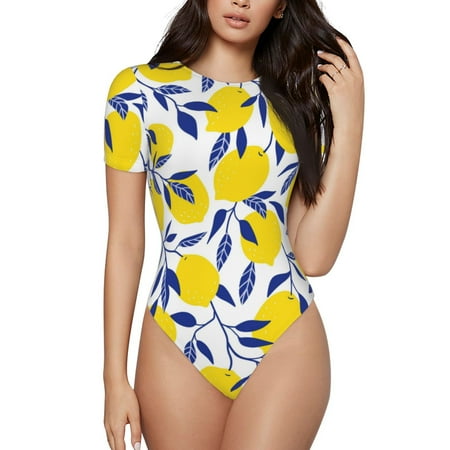 Easygdp Tropical Lemon Women s One-Piece Swimsuit Slim Fit Crew Neck Bodysuit Athletic Swimwear with Concealed Buckle - Small