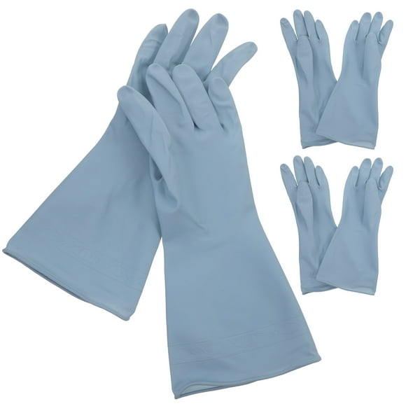 OULII 3 Pairs Kitchen Dishwashing Gloves Reusable Blue Long Cuff PVC Protect Wrist and Forearm For Home