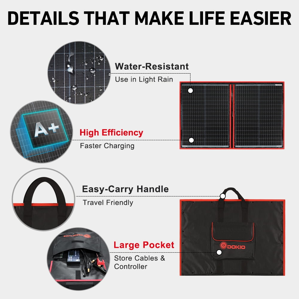 DOKIO 110W 18V Portable Foldable Solar Panel Kit, Solar Controller, USB Charging
