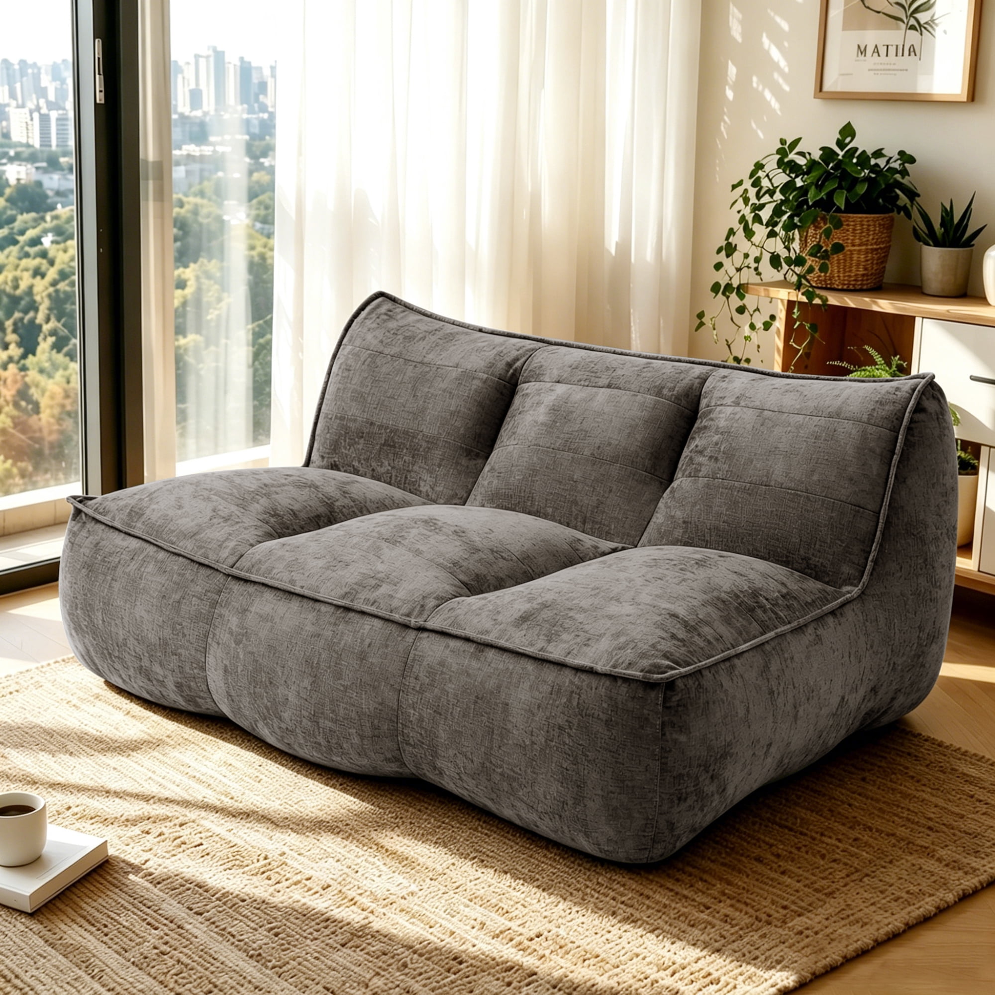Leumius Cozy Fluffy Cloud Lazy Sofa, 3-Seater Corduroy Bean Bag Lounge Chair, Lightweight Single-Seat Couch for Living Room, Bedroom, Dorm Room, Office & Small Spaces,Dark Brown